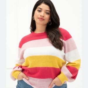 Eloquii Stripe Colorblock Fuzzy Knit Sweater Acrylic Sz 18-20 Balloon Sleeve